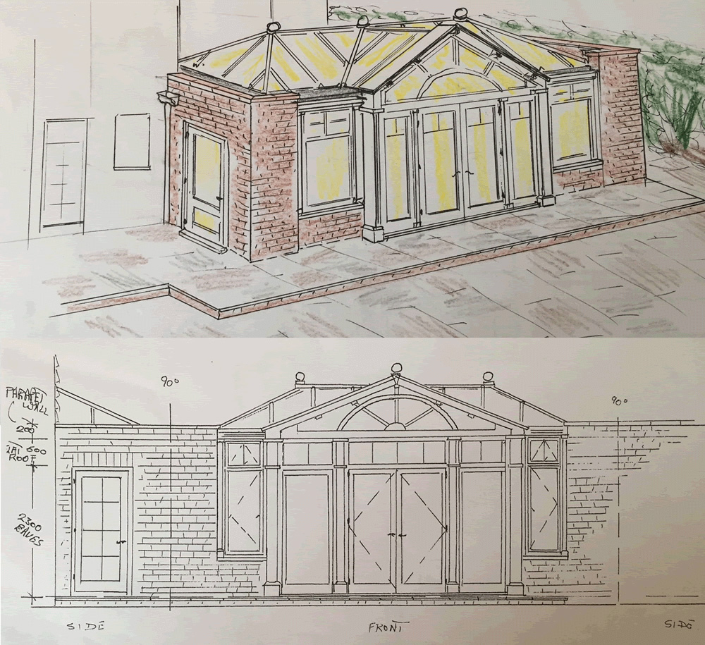 ORANGERY PROJECT STORY -  Early ideas sketched out to replace the conservatory with a larger replacement, replace some French windows and modify the rear terrace