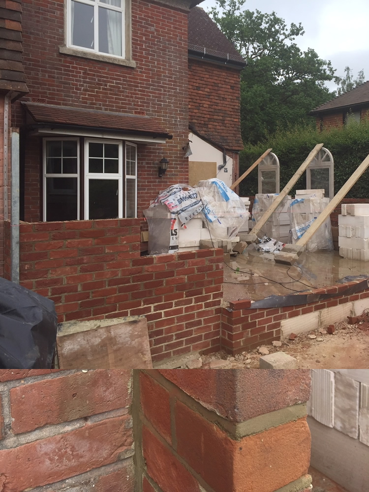 ORANGERY PROJECT STORY - Round topped orangery side windows being surrounded by brick walling