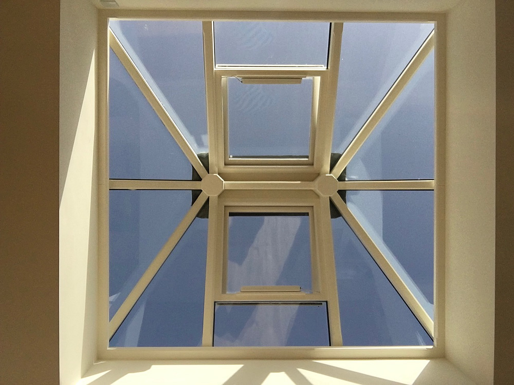 Lantern view from inside. Hardwood lantern with tinted self cleaning glass and 2 vital automatic ventilation windows.